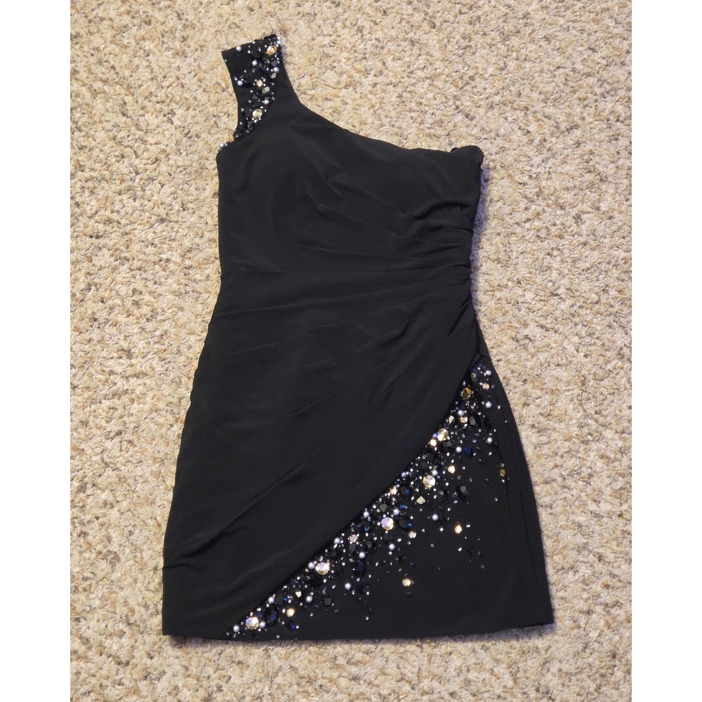 Dave & Johnny Bead Sequin‎ One Shoulder Short Dress Women's Size 1/2 Black